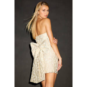 NWT Lulu’s Aurelius Champagne Jacquard Strapless Bow Mini Dress Gold - Size M